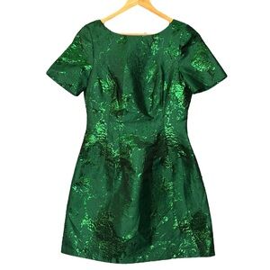 Belle Badgley Mischka dress emerald green metallic holiday jacquard sheath 8
